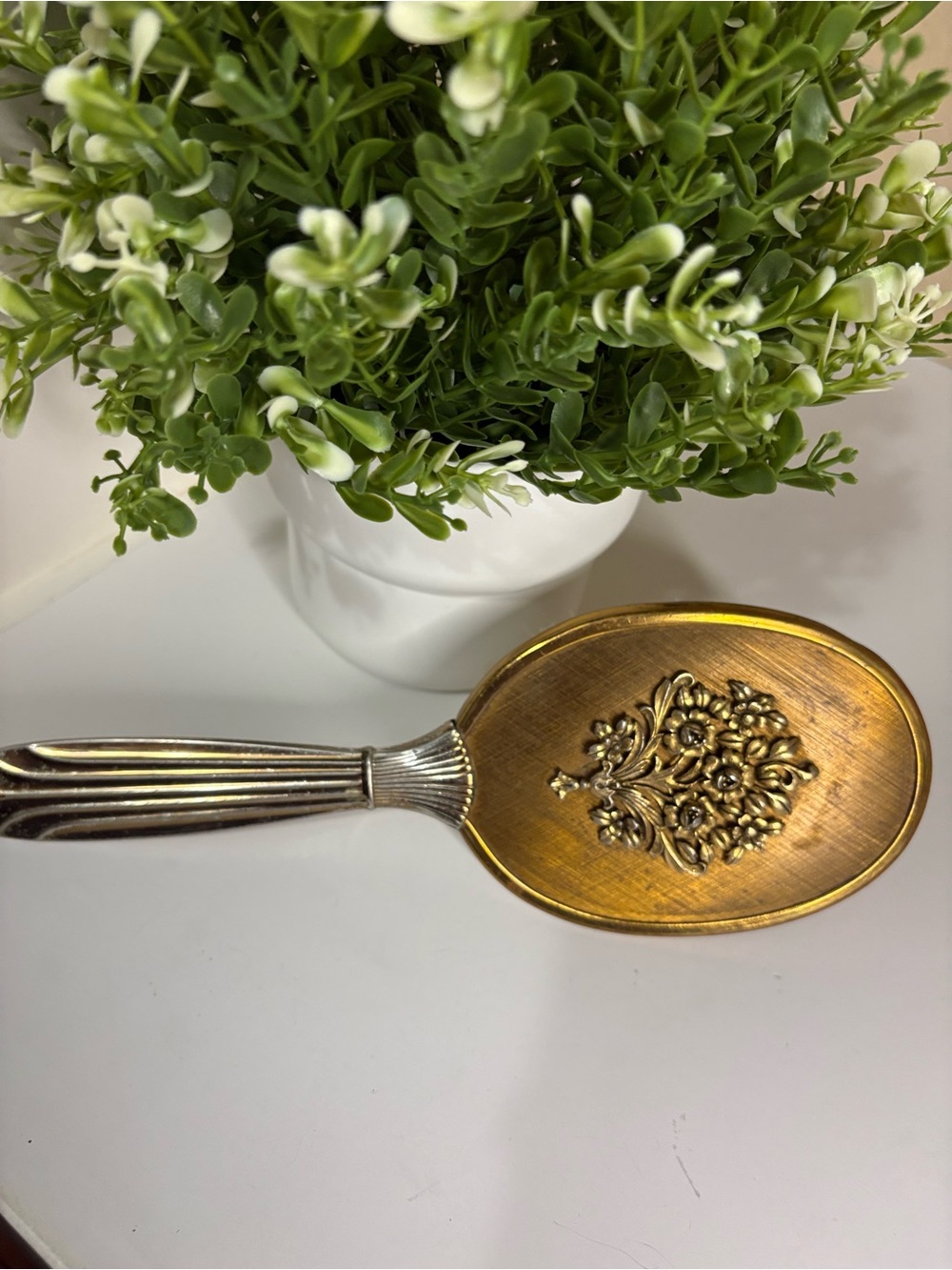 Vintage Hollywood Regency Vanity Brush Gold Silver Floral Mid Century